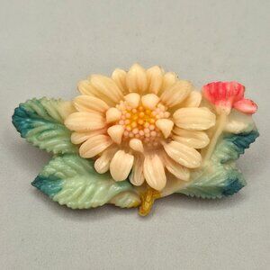Vintage Celluloid Chrysanthemum Brooch Floral Brooch Pin Cream Red Green